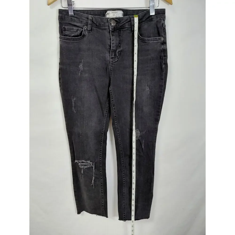 Free People Dark Wash Distressed Raw Hem Stretch Denim Jeans Women Size 26